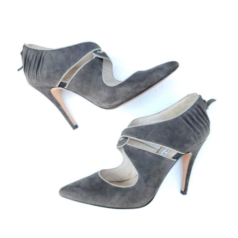 La Fenice Gray Suede Zip Back Heels